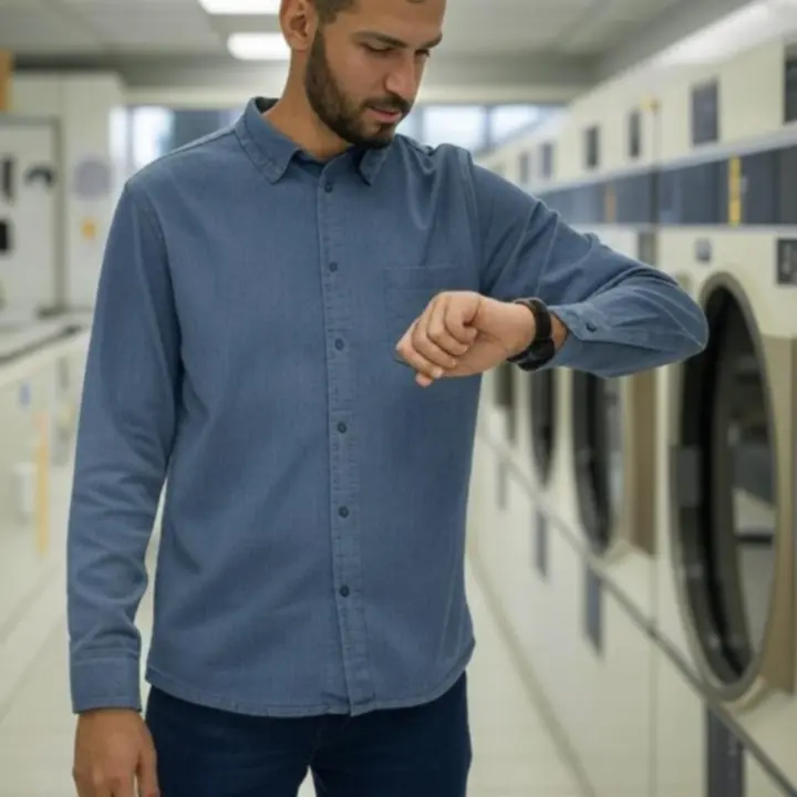 Ügyfél az óráját ellenőrzi, hogy elkerülje a mosoda csúcsidőszakát.