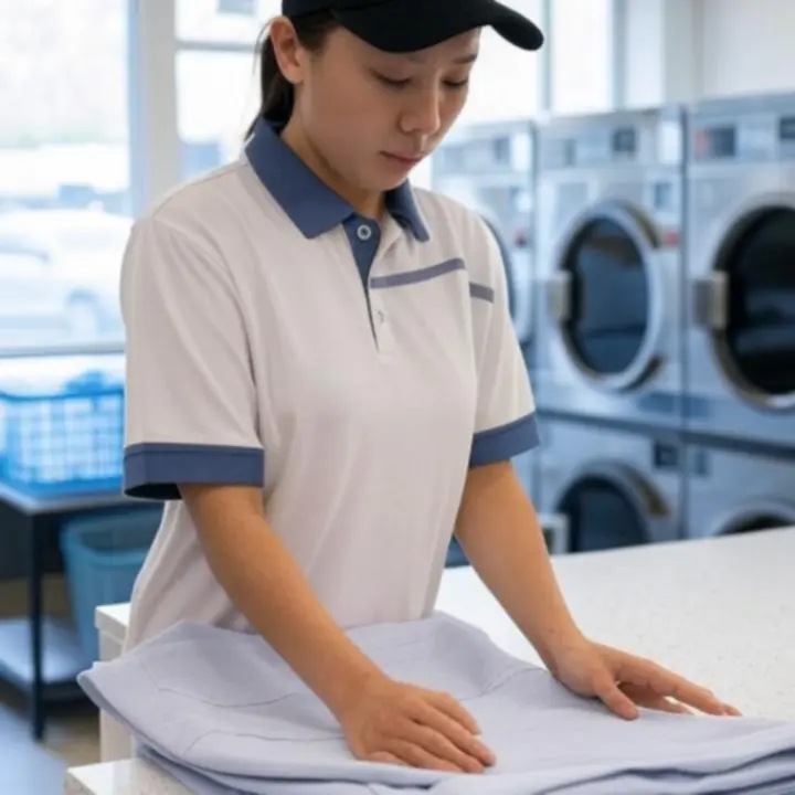 WAFFLE ADVERTISING LTD munkatárs tiszta, frissen hajtogatott ruhákat rendez